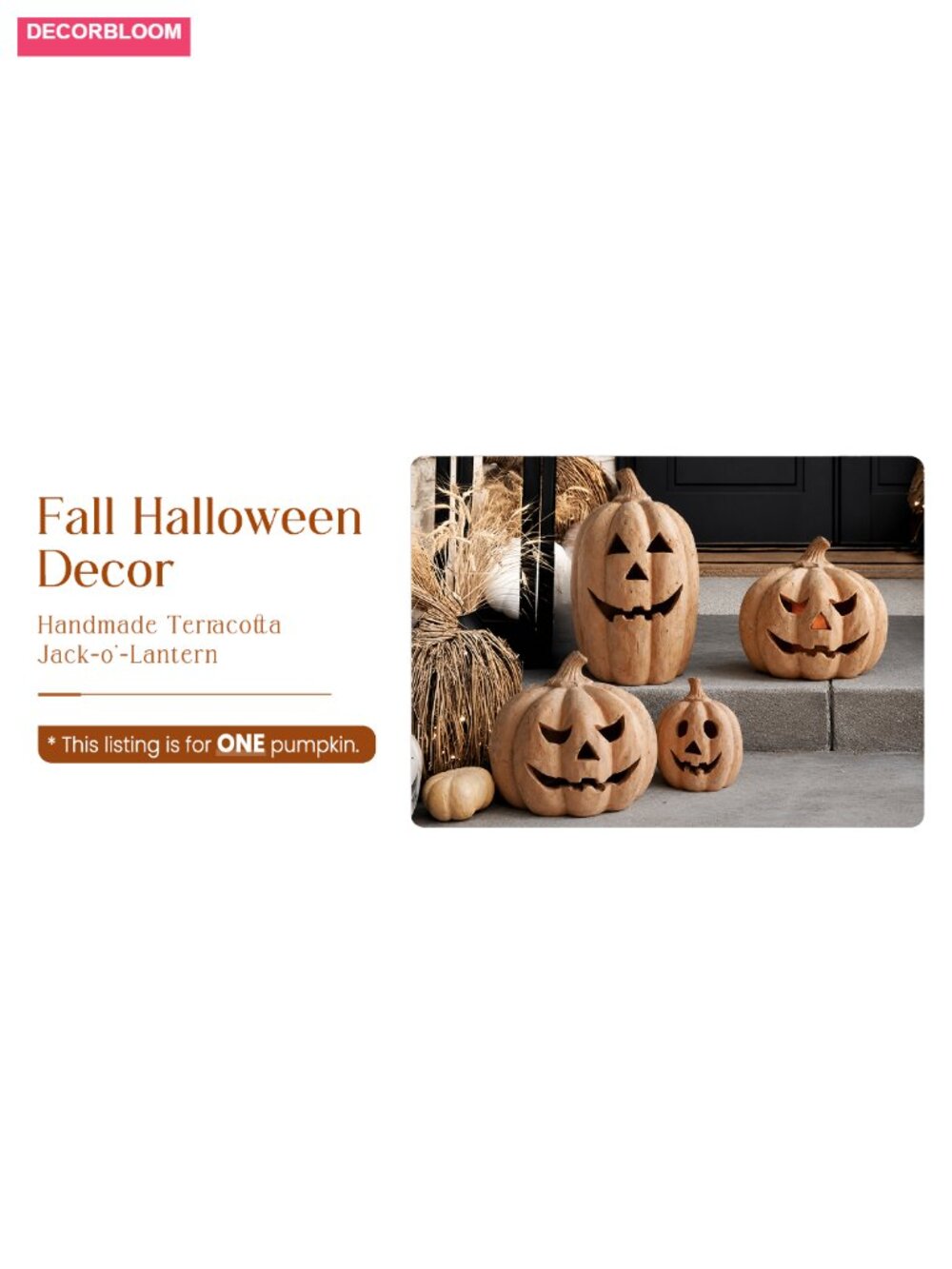 Handmade Terracotta Pumpkin Jack O' Lantern Fall Decor Indoor Outdoor - Picture 6 of 6